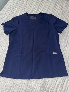 Figs Navy V-Neck Scrub Top with Patch Pockets
